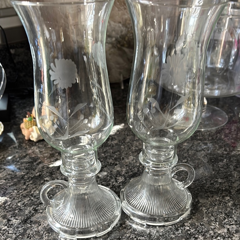 Elegant Clear Glass Etched Flower Hurricane Candle Holders